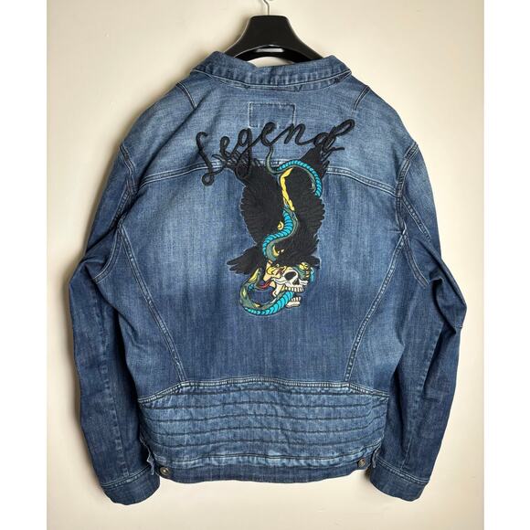 William Rast Men's Denim Trucker Jacket Size XXL Erwin Blue Knight Embroidered
